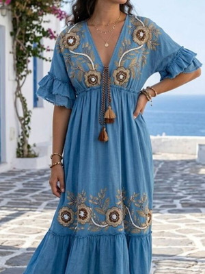 Indian dress in denim shade with embroidery, new, size L