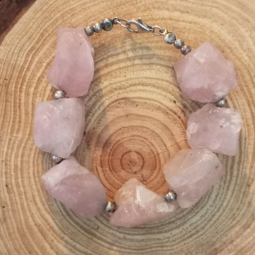 Silver bracelet 925 with raw rose quartz like new, length 18cm