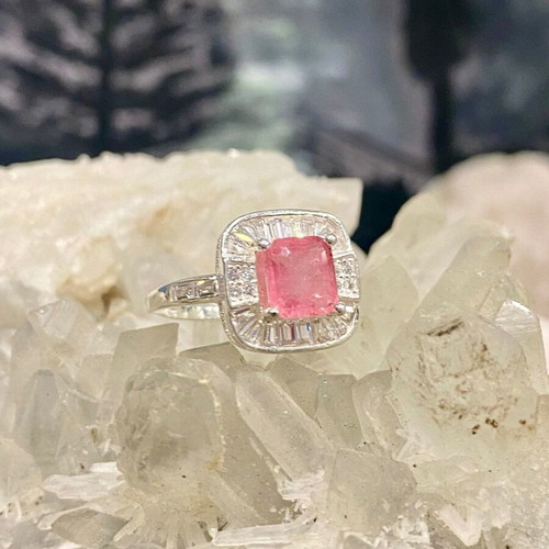 Handmade silver ring with natural pink tourmaline and moissanite