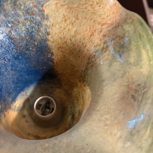 Vintage ceiling light used, brass with art glass shade