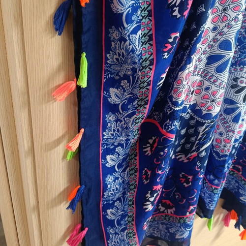 Caftan blouse like new, summer style with tassels, blue multicolor