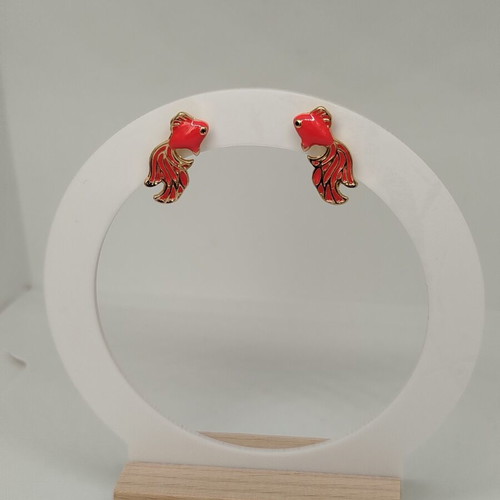 Fish earrings new, red coral enamel with gold outline
