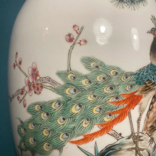 Chinese Famille Rose vase like new, 20th century with peacock and peony branch