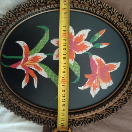 Vintage handmade cross-stitch frame with flowers used, 30×36 cm