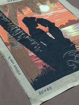 Handmade cross-stitch embroidery 50×60 with couple sunset theme