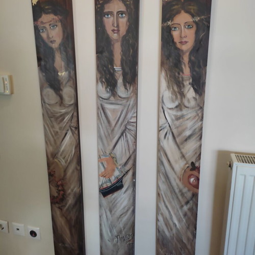 Painting triptych by Christina Belekou like new, female figures symbolizing concepts
