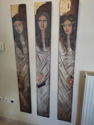 Painting triptych by Christina Belekou like new, female figures symbolizing concepts