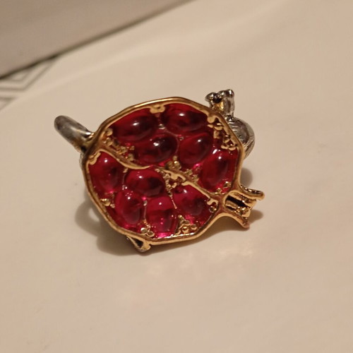 Pomegranate Ring new, silver and gold plated with red zircon