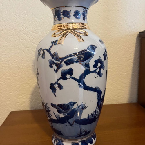 Chinese vase used 19th century hand-painted with birds and flowers