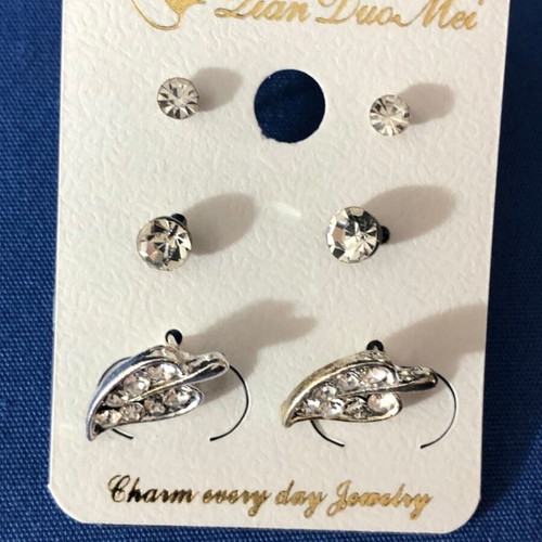Silver Tone Rhinestone Stud and Leaf Earring Set new fashion jewelry