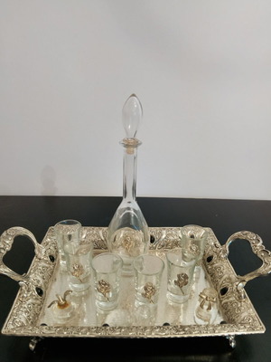 Decorative tray set with bottle, glasses, two hearts and napkin holder