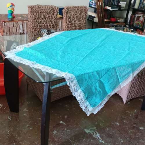 Set of sky blue bedspread 220x270, tablecloth 142x104, pillow 68x30, doily 74x38 new