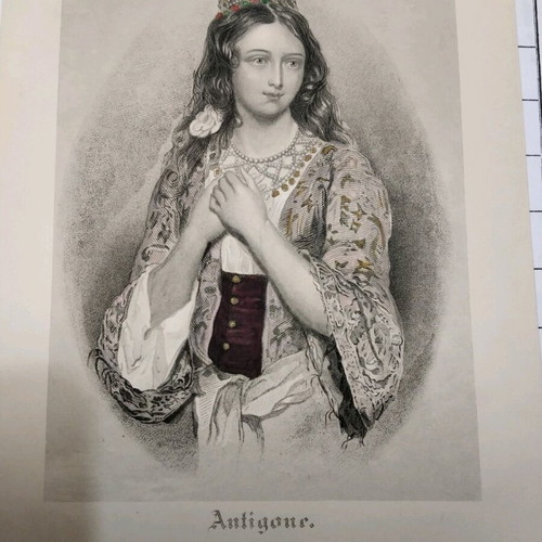 1832 Antigone theatrical costume used hand-colored chalcography 16x23 cm