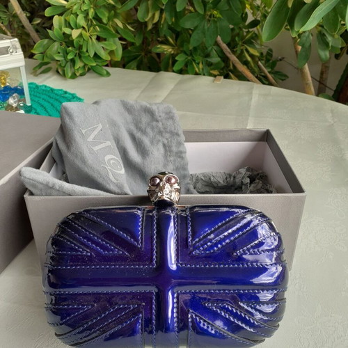 Alexander McQueen Union Jack Skull clutch cobalt blue new with box
