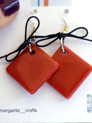 Red ceramic tile earrings with stainless steel fastening
