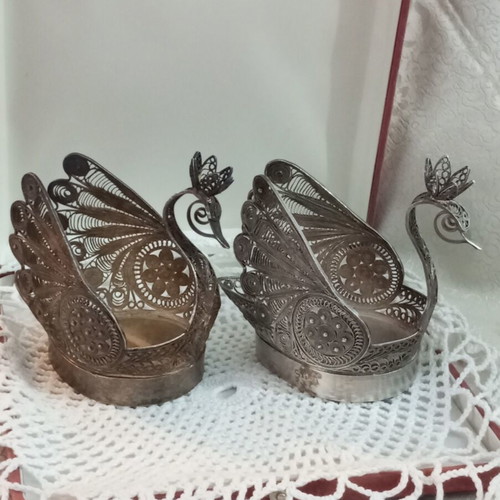 Silver filigree peacock set used, Russian antique, 3 pieces