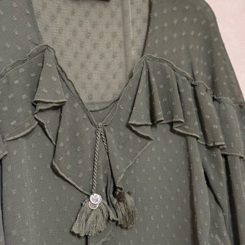 Zara khaki blouse semi-transparent with ruffles like new