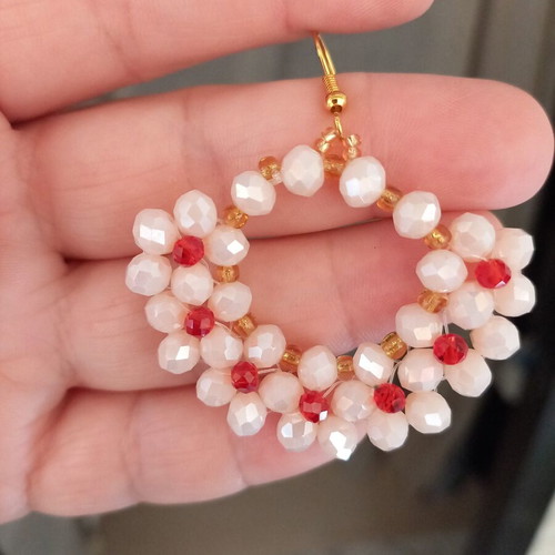 Handmade earrings with champagne flowers and red polyhedral beads