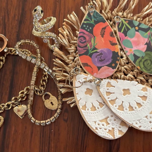 Vintage jewelry set used, wood, metal, steel and gold-plated