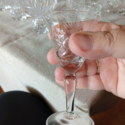 Vintage shot glasses like new, set of 19, glass or crystal