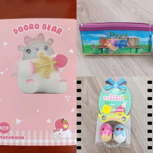 Set of 3 notebook, pencil case and erasers new