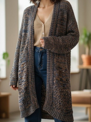 Bershka long knit cardigan used, size S, blue and orange