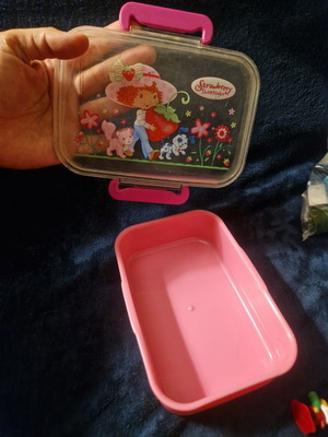 Strawberry Shortcake lunch box used, pink with transparent lid