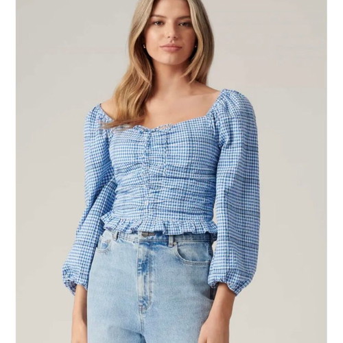 Forever New Blue Gingham Crop Top Blouse, Size S/M