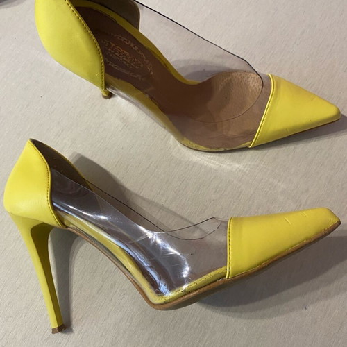 Dexim yellow stiletto pumps like new with PVC transparency, 10 cm heel