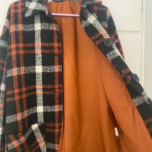 Helmi coat used, black and orange checkered, size L