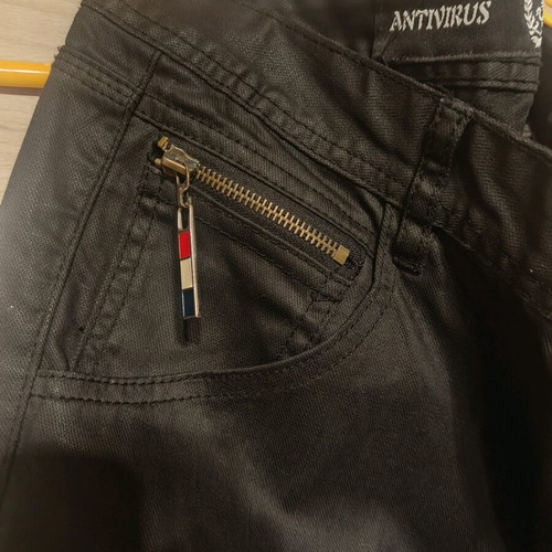 Antivirus Pants Black Coated Denim Leather Look Slim Fit new