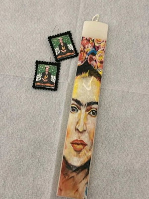 Handmade Frida Kahlo decoupage candle with leather earrings