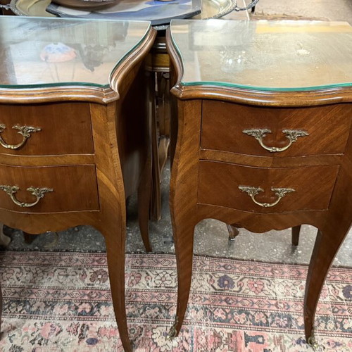 Marquetry bedside tables like new, 35x40 cm, height 66 cm with glass