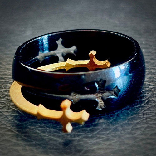 Black ring with removable gold crosses, M FORGE