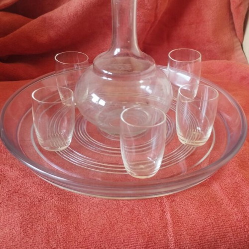 Glass liqueur set used, 5 glasses, small decanter, tray