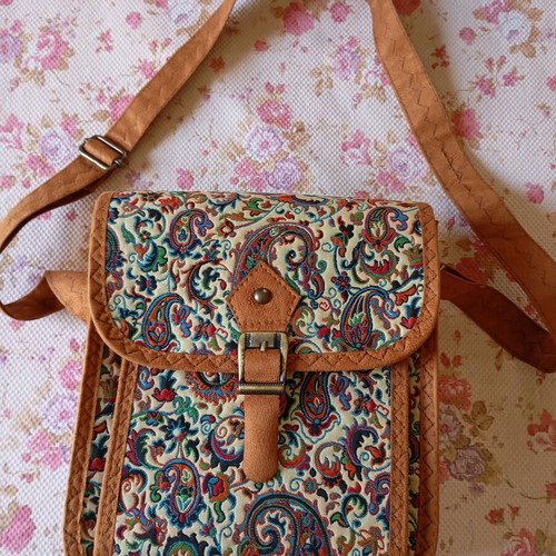 Women's crossbody bag with suede strap, brown and multicolor pattern