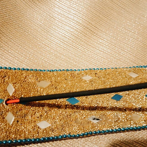 Handcarved wooden incense holder with colorful beads and mirrors like new