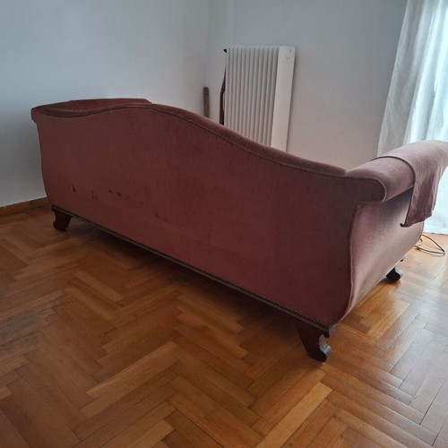 Handmade three-seater sofa used, velvet fabric burgundy-red