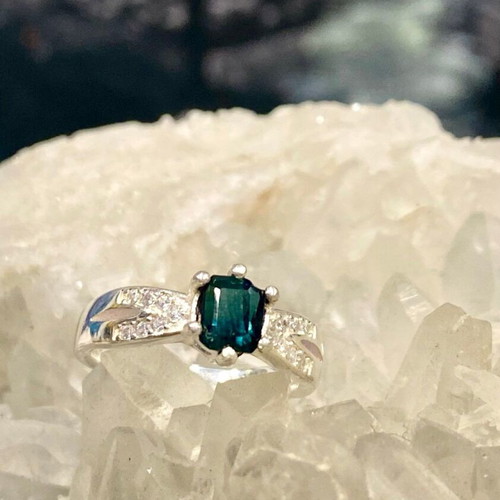 Handmade silver ring with natural indicolite tourmaline and moissanite