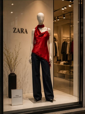 Zara κόκκινο σατινέ μπλουζάκι με ωραίες λεπτομέρειες