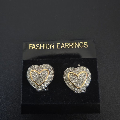 Women's gold-tone metal heart-shaped clip-on earrings with rhinestones