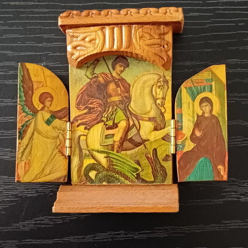 Vintage wooden triptych icon Saint George & Annunciation of Theotokos