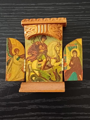 Vintage wooden triptych icon Saint George & Annunciation of Theotokos