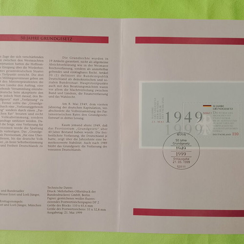 German stamps 1999 with first day covers Bonn and Frankfurt