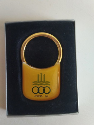 Mediterranean Games Athens 1991 collectible keychain new, gold