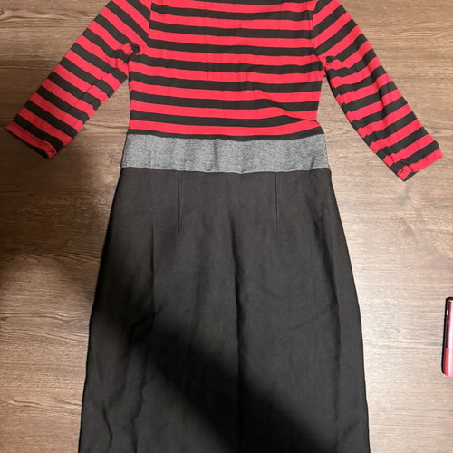 Red and black striped midi dress with grey waistband