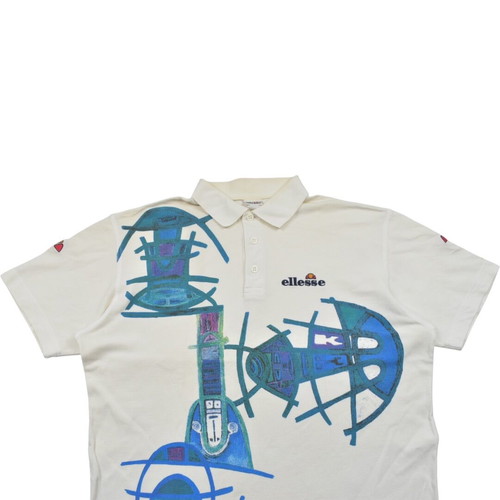 Ellesse vintage art print polo shirt 90s white blue, used, size L