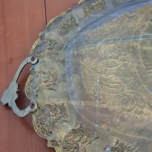 Handmade Copper Tray Giannina with Carved Traditional Design like new