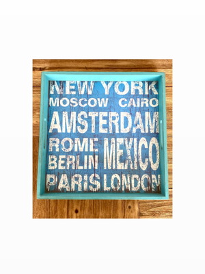 Wooden tray blue 45x45 cm with white letters, new