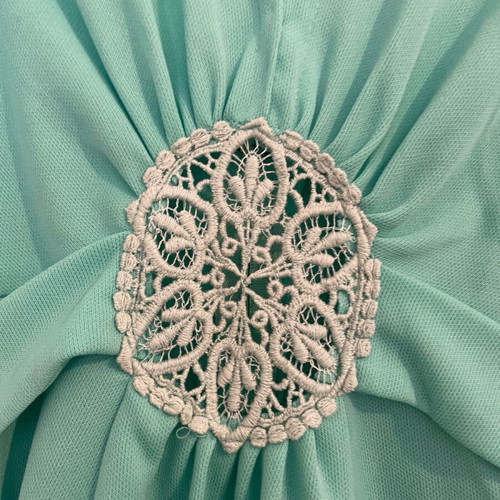 Wendy vintage 70s crimpolene maxi dress used, mint green with beige crochet